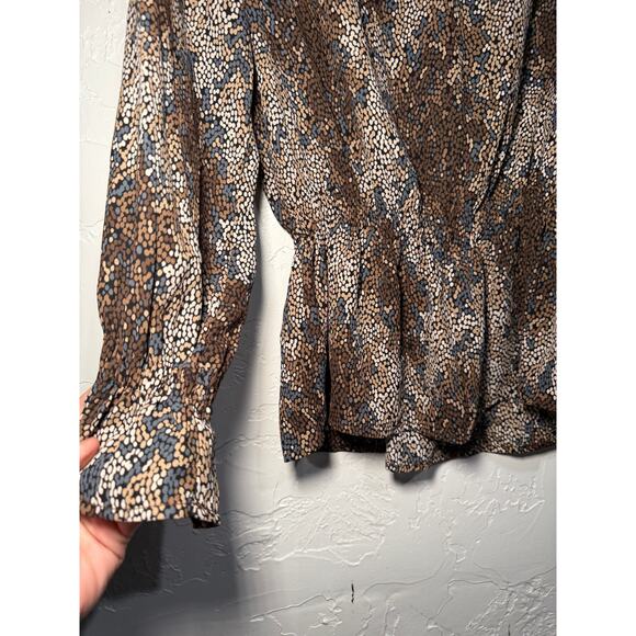 Counterparts brown abstract cinched babydoll long sleeve blouse womens medium - Picture 2 of 8